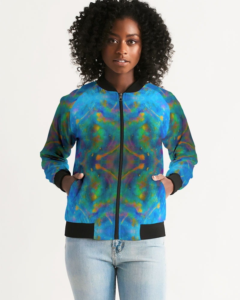 Two Wishes Green Nebula Cosmos Women's Bomber Jacket